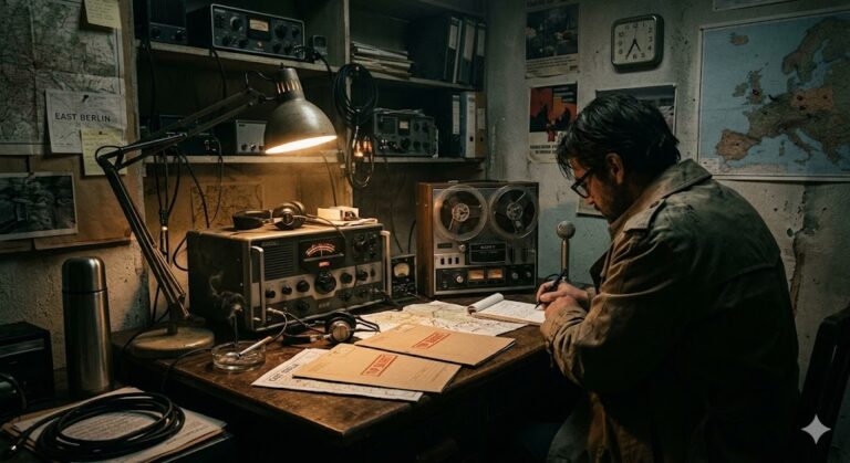 Declassified documents and vintage spy equipment representing real spy operations from Cold War history