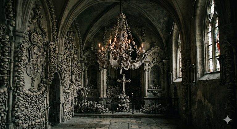 Interior of the Sedlec Ossuary bone church showing chandeliers and decorations made from human bones